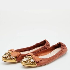 Miu Miu Brown Embellished Crystal Ballet Flats